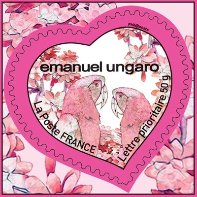 Timbre-Coeur de Emanuel Ungaro. Deux perroquets