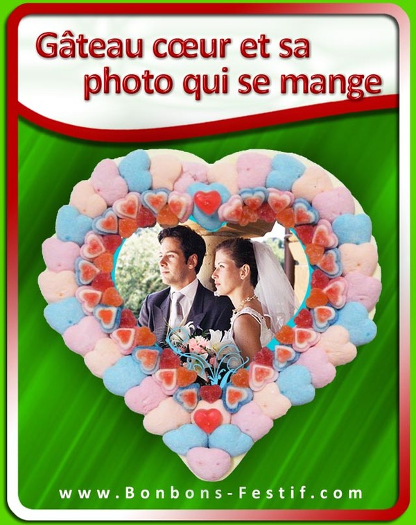 MARIAGE:GATEAU COEUR + PHOTO QUI SE MANGE