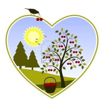 coeur avec paysage cerisier soleil et arbre