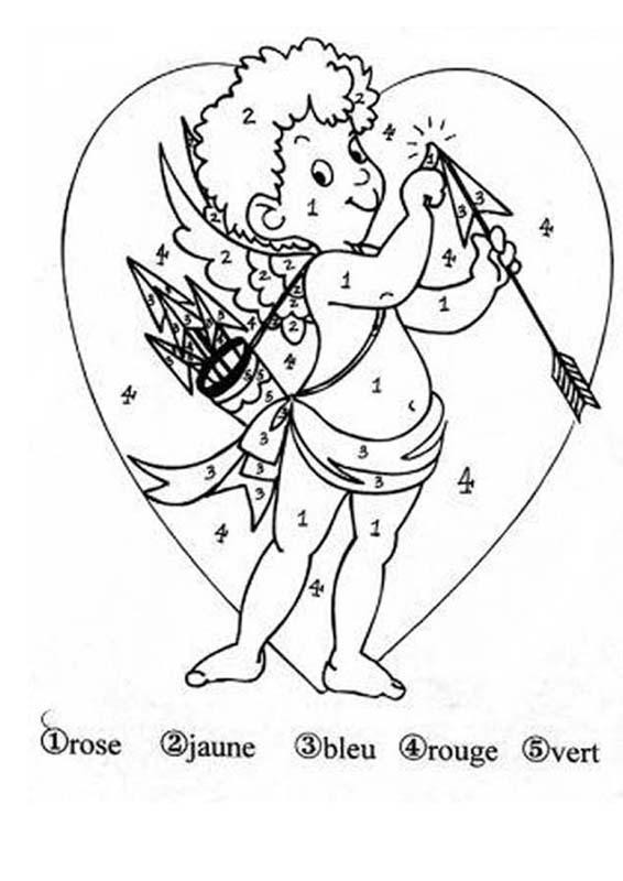 COLORIAGE. Cupidon et ses flèches dans un coeur