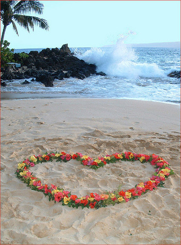 un coeur de fleurs sur le sable 