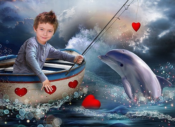 Enfant et dauphin avec des coeurs