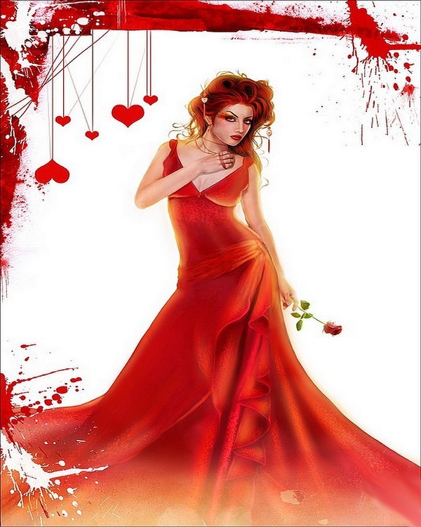 Femme en superbe robe rouge et coeurs assortis 
