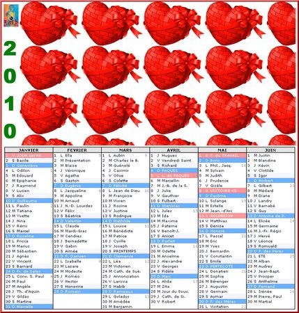 CALENDRIER 2010.Avec de jolis coeurs (1er semestre) 