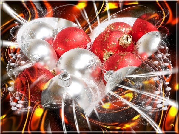 NOËL.image de coeur avec boules de noël